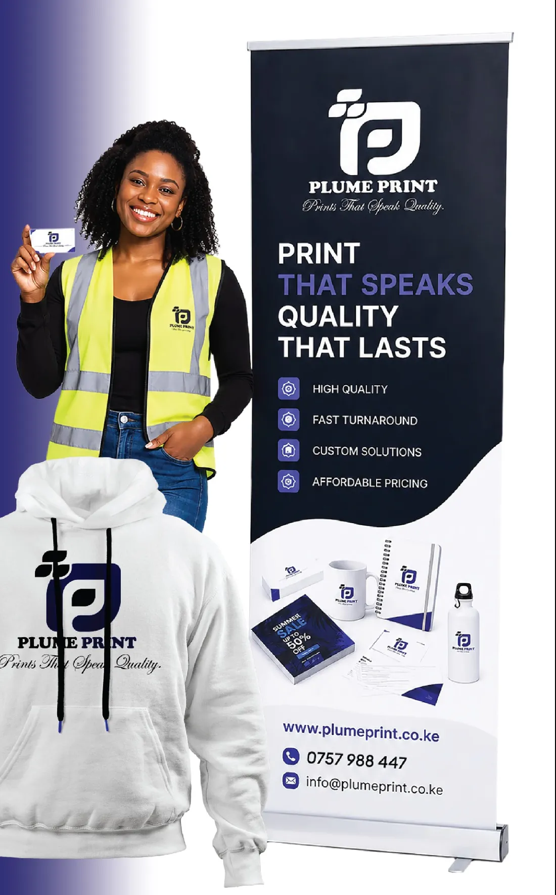 Plume Print team member holding a business card beside a branded roll-up banner and hoodie